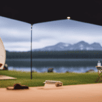 An image showcasing a serene lakeside campsite with a modern, spacious camper parked nearby