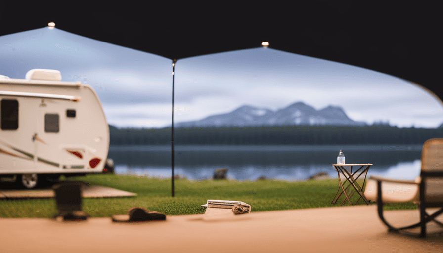 An image showcasing a serene lakeside campsite with a modern, spacious camper parked nearby