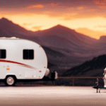 An image showcasing a sleek, modern camper trailer parked on a sturdy industrial scale, capturing the precise moment when the weight is displayed in bold digits, revealing the true weight of this mobile home