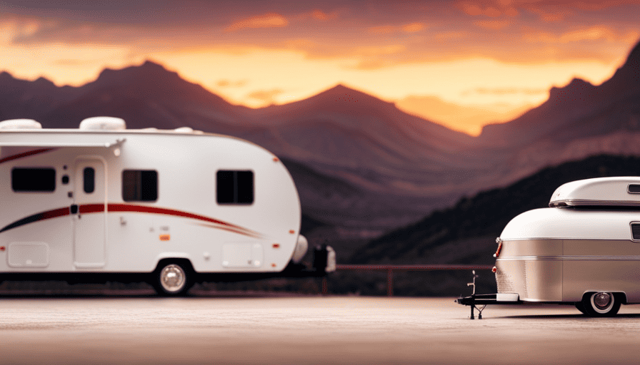 An image showcasing a sleek, modern camper trailer parked on a sturdy industrial scale, capturing the precise moment when the weight is displayed in bold digits, revealing the true weight of this mobile home