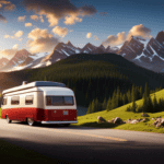 An image showcasing a sleek, modern camper van parked on a scenic mountain road, surrounded by lush green forests