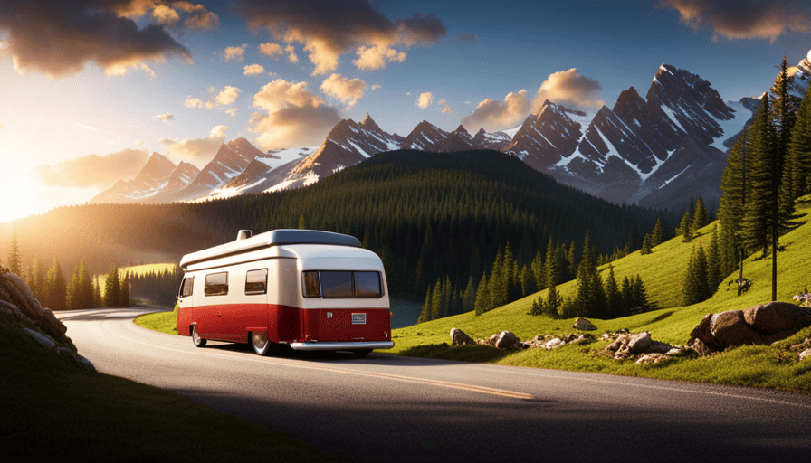 An image showcasing a sleek, modern camper van parked on a scenic mountain road, surrounded by lush green forests