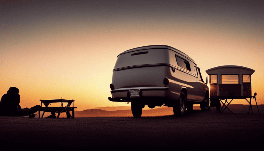 An image of a powerful pickup truck attached to a compact camper, highlighting the intricate mechanics of the hitch, suspension, and tires, showcasing the weight distribution and balance required for safe towing