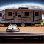 An image showcasing a sturdy camper sitting on a weighing scale, revealing its weight