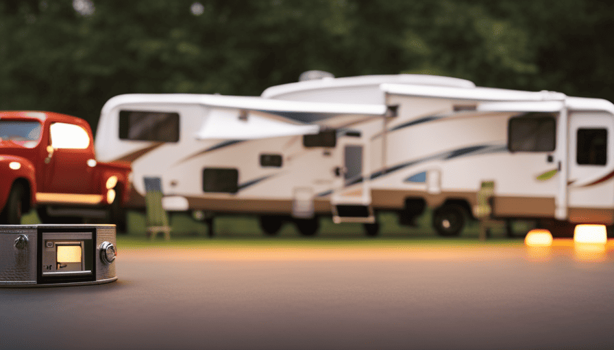 An image showcasing a sunset-lit campground, with a sleek, silver fifth wheel camper parked beside a vintage pickup truck