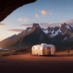 An image showcasing a cozy Kimbo Camper, nestled amidst a picturesque mountain landscape at sunset