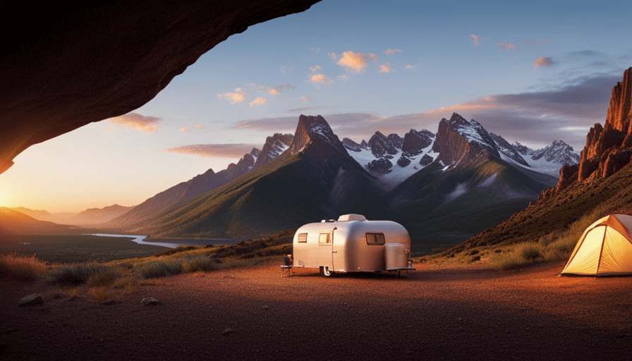An image showcasing a cozy Kimbo Camper, nestled amidst a picturesque mountain landscape at sunset