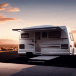 An image showcasing a pristine, modern camper surrounded by scenic landscapes, reflecting the freedom of the open road