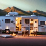 An image showcasing a serene campsite backdrop, with a fully furnished pop-up camper in the foreground, highlighting its sturdy canvas walls, compact kitchenette, cozy sleeping quarters, and versatile seating area