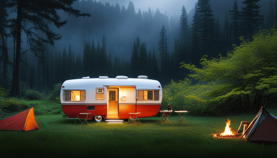 An image showcasing a serene camping scene, with a cozy pop-up camper nestled amidst lush greenery