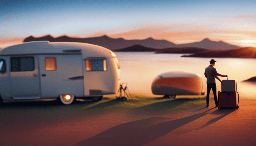 An image showcasing a robust pull-behind camper on a weighing scale, accentuating its weight with clearly visible numbers, while a sturdy vehicle stands nearby, conveying the importance of understanding the camper's weight for hassle-free travel
