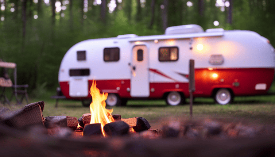 An image showcasing a cozy small camper nestled in a serene campsite, adorned with solar panels, lush green surroundings, and a crackling campfire, evoking the essence of a budget-friendly outdoor haven