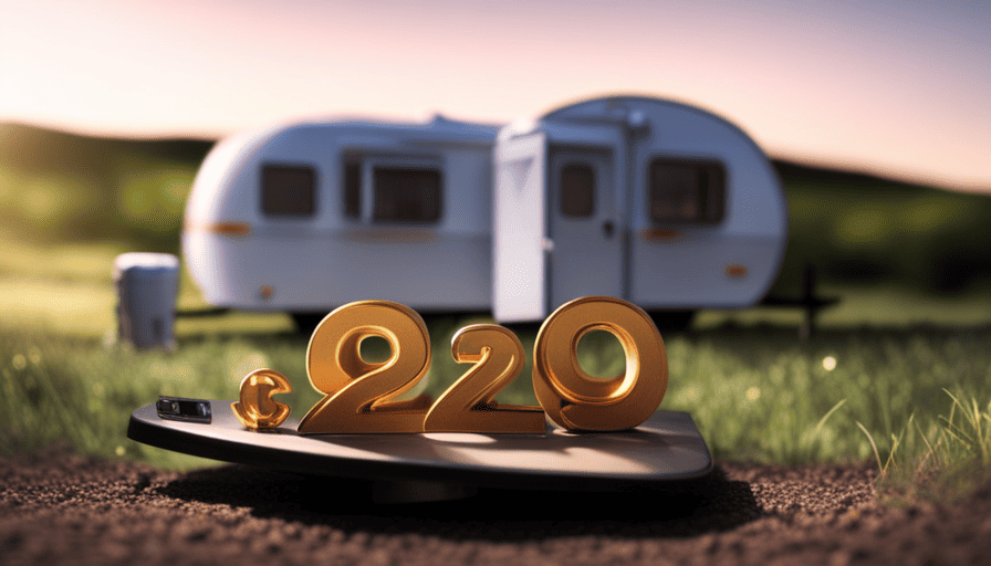 An image that showcases a compact camper sitting on a sturdy weighing scale, with the weight displayed in clear digital numbers