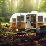 An image showcasing a serene campsite nestled in a lush forest, with a teardrop camper exuding a sleek and compact design