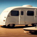 An image showcasing a sleek teardrop camper parked on a scale, its compact frame casting a shadow