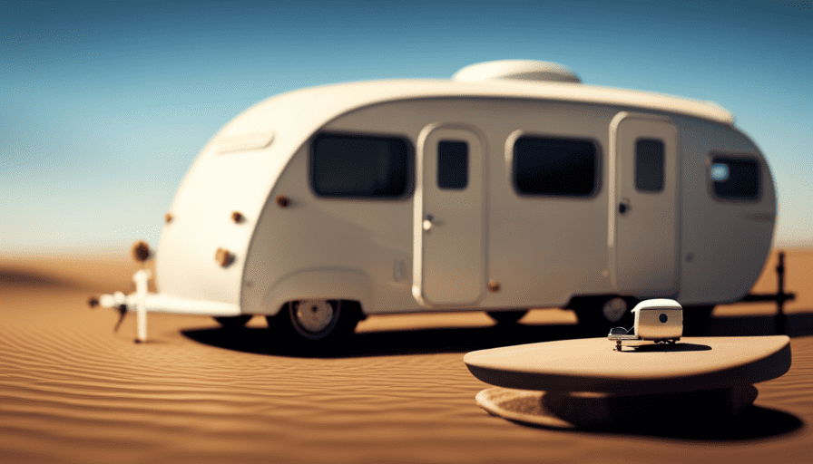 An image showcasing a sleek teardrop camper parked on a scale, its compact frame casting a shadow