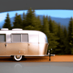 An image showcasing a gleaming silver Airstream camper, nestled amidst picturesque mountains