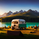 An image showcasing a vibrant camper van in a picturesque camping spot, with lush green mountains in the background, a sparkling lake nearby, and a prominent insurance agent emblem on the van