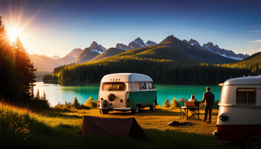 An image showcasing a vibrant camper van in a picturesque camping spot, with lush green mountains in the background, a sparkling lake nearby, and a prominent insurance agent emblem on the van