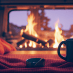 An image showcasing a cozy camper interior in winter, adorned with warm blankets, a crackling fireplace, and a steaming cup of cocoa on a table, exuding a comfortable and inviting atmosphere