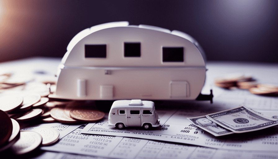 An image showcasing a stunning camper surrounded by a diverse range of insurance-related objects such as calculators, dollar bills, and insurance policies, all symbolizing the cost of insuring a camper
