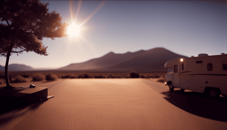 An image capturing a serene, sun-kissed landscape with a camper hitched to a truck, showcasing the process of moving a camper