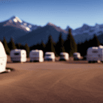 An image showcasing a vast parking lot filled with various campers, surrounded by scenic mountains and woods