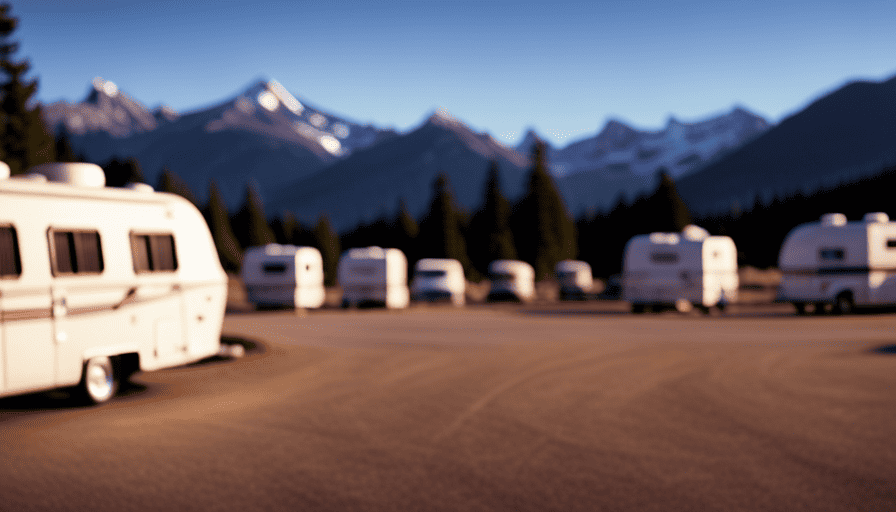 An image showcasing a vast parking lot filled with various campers, surrounded by scenic mountains and woods