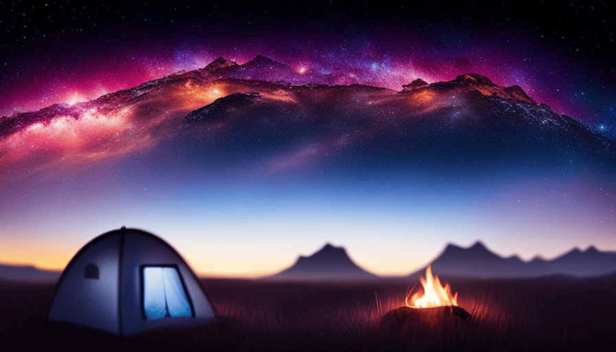 An image showcasing a vibrant campsite with a cozy camper van nestled amidst scenic mountains, surrounded by a crackling campfire, camping gear, and a stunning starry night sky