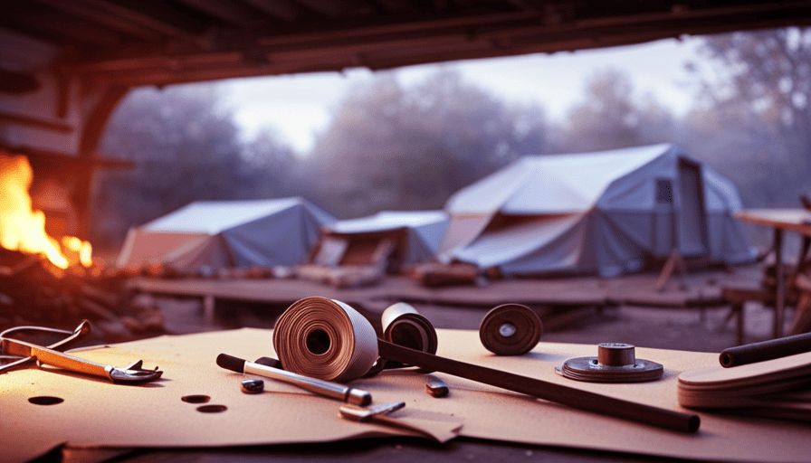 An image showcasing a damaged camper roof surrounded by a cluttered workshop filled with tools, measuring tape, and an array of roofing materials, emphasizing the complexity and cost involved in replacing a camper roof