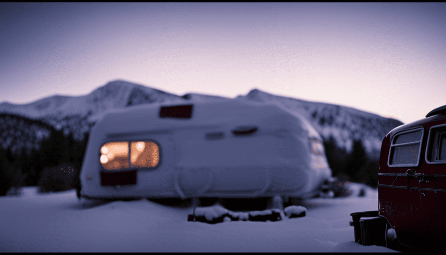 An image showcasing a cozy camper surrounded by a winter wonderland