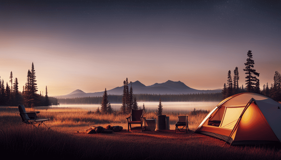 An image showcasing a rugged, forested campsite at dusk, with a sleek, modern camper parked nearby