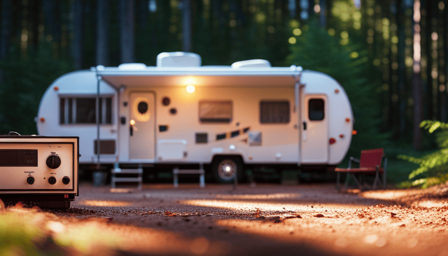 An image showcasing a cozy camper parked in a serene forest, surrounded by solar panels glistening in the sunlight