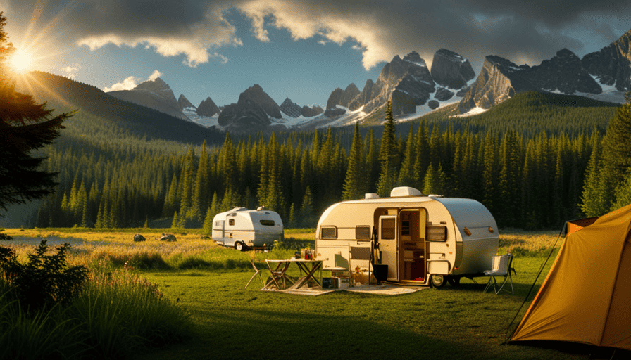 An image showcasing a sun-kissed, picturesque campground surrounded by lush greenery, with a cozy camper parked nearby