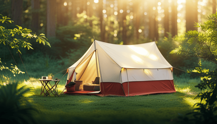 An image showcasing a serene campsite surrounded by lush greenery, where a cozy pop-up camper stands tall