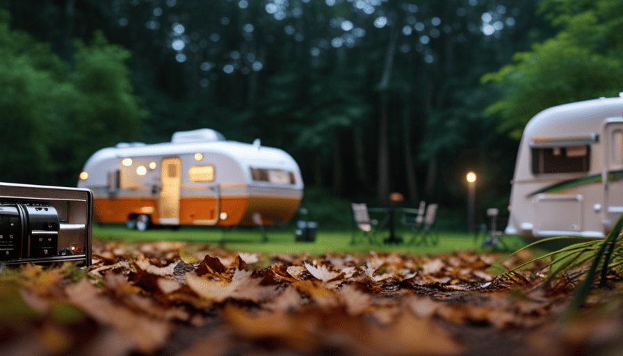 An image showcasing a serene campsite nestled amidst lush greenery, with a modern, spacious camper trailer as the focal point