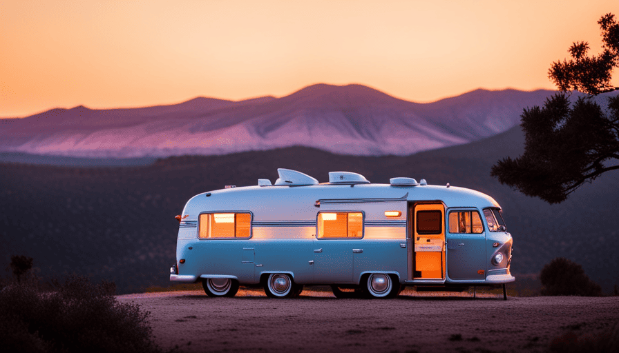An image featuring a vibrant sunset backdrop over a picturesque campsite, showcasing a sleek, modern camper van parked nearby