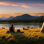 An image showcasing a vast landscape with a striking sunrise illuminating a picturesque campground