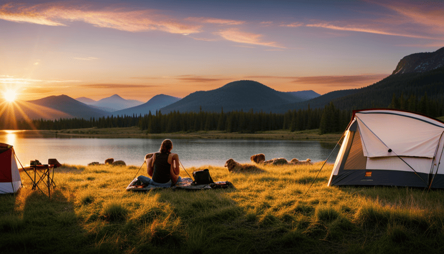 An image showcasing a vast landscape with a striking sunrise illuminating a picturesque campground