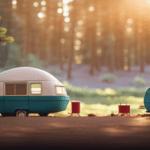 An image showcasing a vibrant camping scene, with a cozy pop-up camper nestled amidst towering pine trees