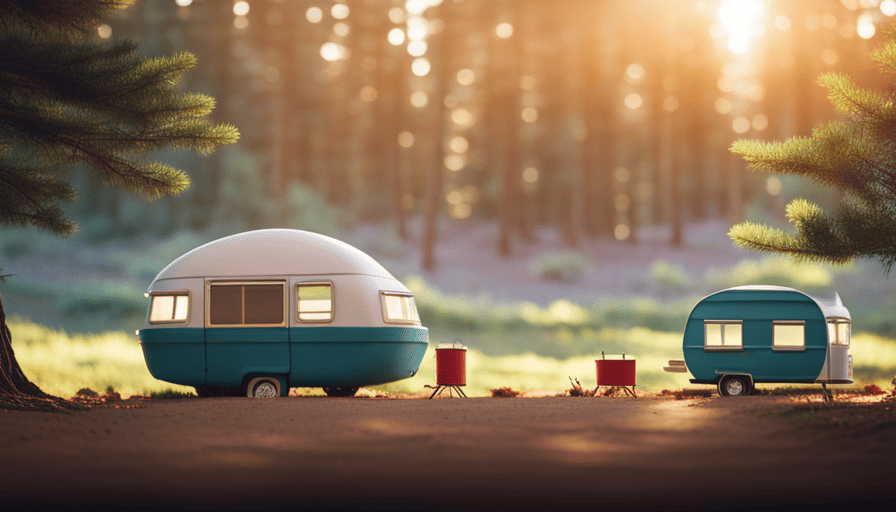 An image showcasing a vibrant camping scene, with a cozy pop-up camper nestled amidst towering pine trees