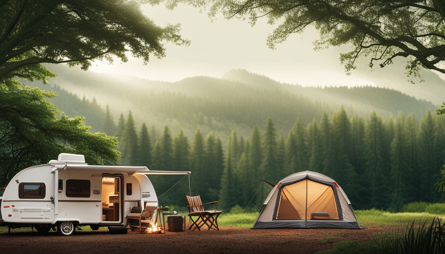 An image showcasing a serene campground scene with a cozy, fully-equipped pop-up camper nestled amidst lush greenery