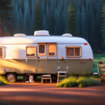 An image showcasing a sunlit, picturesque campground, with a charming Scamp camper nestled amidst tall pines and wildflowers