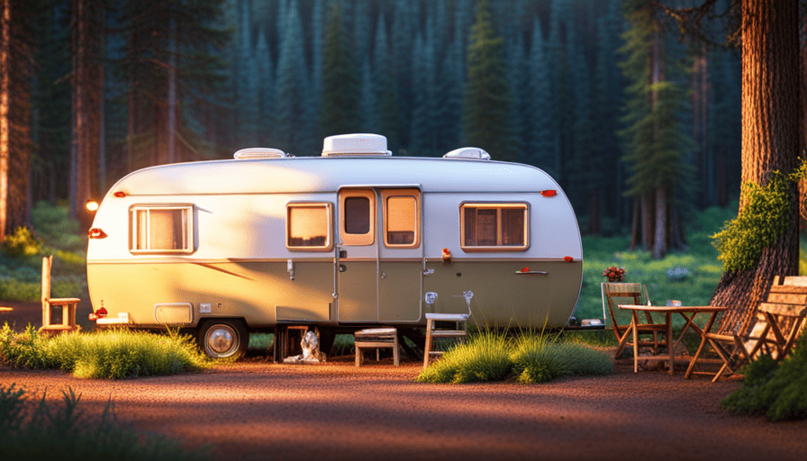 An image showcasing a sunlit, picturesque campground, with a charming Scamp camper nestled amidst tall pines and wildflowers