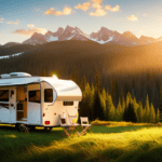 An image showcasing a pristine Aliner camper, bathed in golden sunlight, nestled amidst lush green trees and surrounded by serene mountains