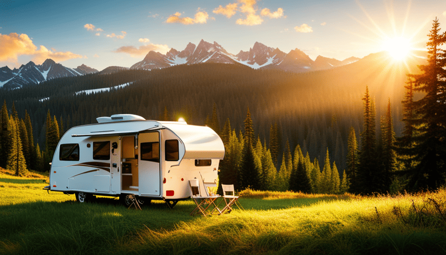 An image showcasing a pristine Aliner camper, bathed in golden sunlight, nestled amidst lush green trees and surrounded by serene mountains