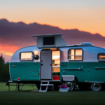 An image featuring a vintage camper parked in a scenic campground surrounded by lush green trees, with a colorful sunset sky in the background