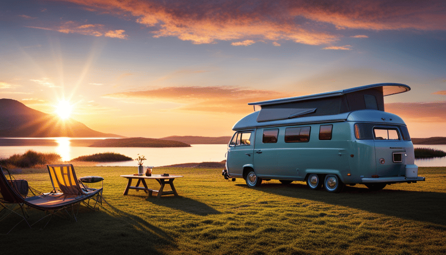 An image showcasing a vibrant camper van with a sleek, aerodynamic design, parked beside a picturesque lakeside campsite