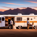 An image showcasing a vibrant camper trailer parked against a backdrop of scenic mountains, while a friendly insurance agent stands nearby, holding a clipboard and discussing coverage options with a smiling family