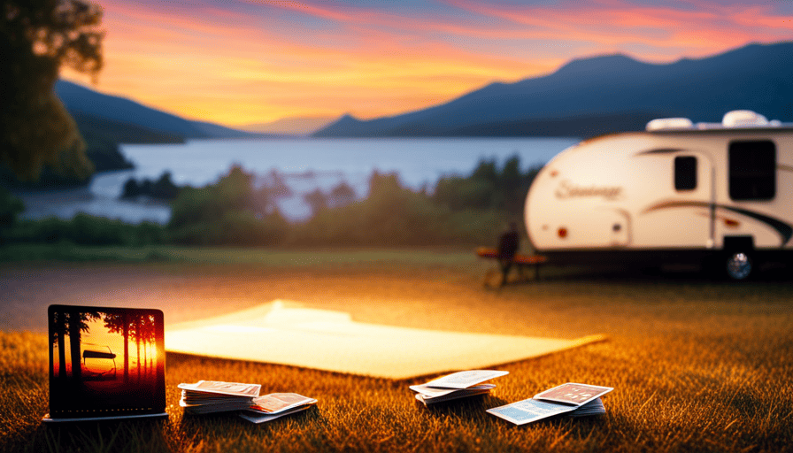 An image showcasing a serene campground scene at sunset, with a camper in the foreground